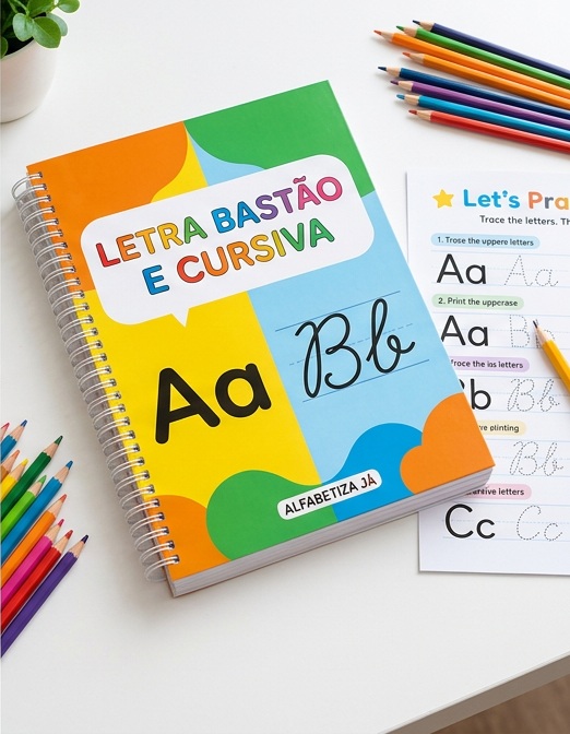 Mockup ilustrativo da apostila de Letra bastão e cursiva