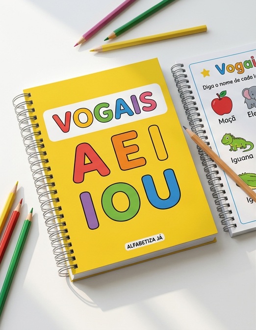 Mockup ilustrativo da apostila de Vogais e consciência fonológica